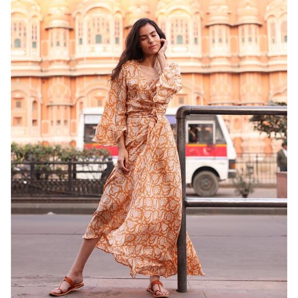 Hannah Dresses & Skirts - Hannah Artwear Luna Wrap Dress OS Silk Indian Block Print Boho Ruffle Feminine